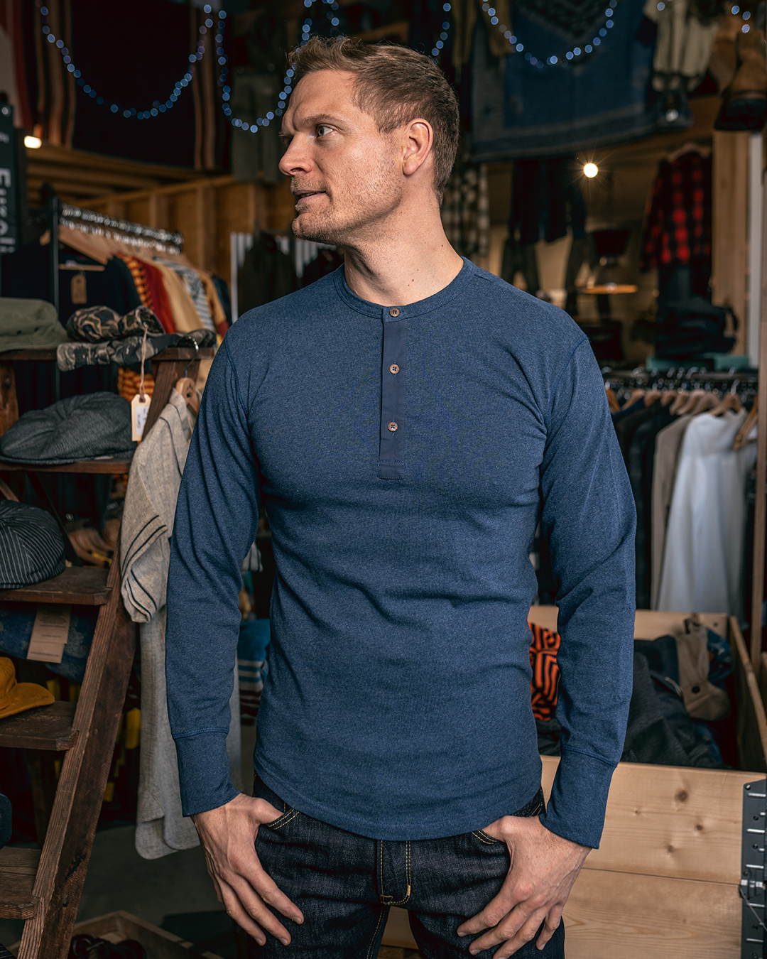 1927 Henley Shirt long sleeve indigo melange